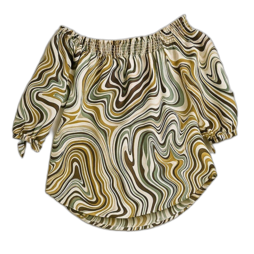 Rue21 Brown White Abstract Swirl Off-The-Shoulder Blouse L Retro Boho Festival